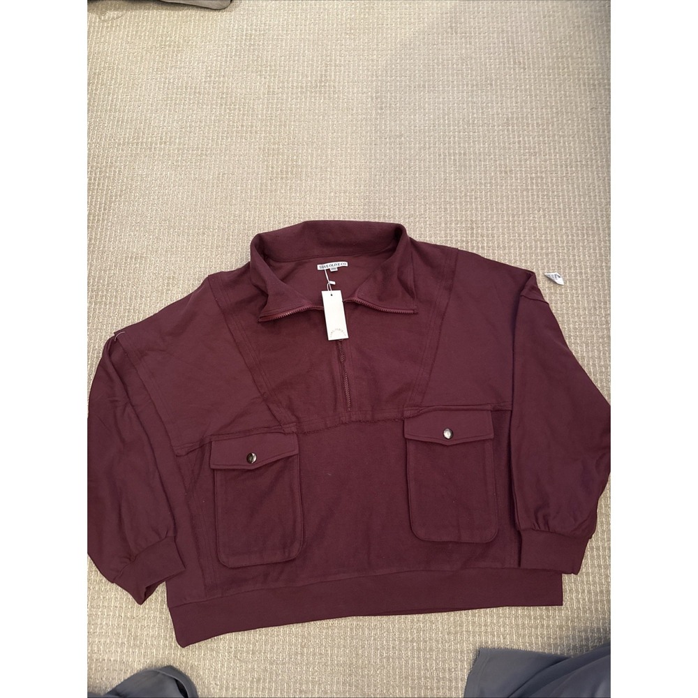 Boutique Brand Sz 2XL Maroon 1/4 Zip Sweatshirt 3/4 Sleeve Raw Hems